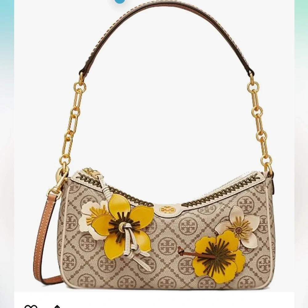 New Tory Burch 🌼 T MONOGRAM BRAIDED FLORAL STUDIO HAZELNUT - Picture 2 of 13